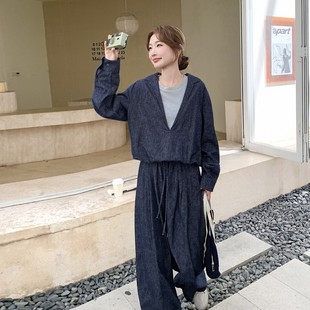 2025秋季新款亚麻棉牛仔套装高级假两件外套宽松阔腿长裤
