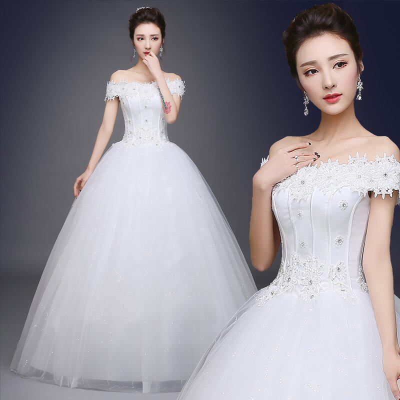 婚纱礼服 新娘齐地2018秋冬新款韩式简约一字肩显瘦大码公主婚纱|msdalam kategori Butik wanita / wanita, perkahwinan/Cheongsam/pakaian, perkahwinan - dari Buy2taobao.com untuk memberikan perkhidmatan ejen Taobao profesional membeli