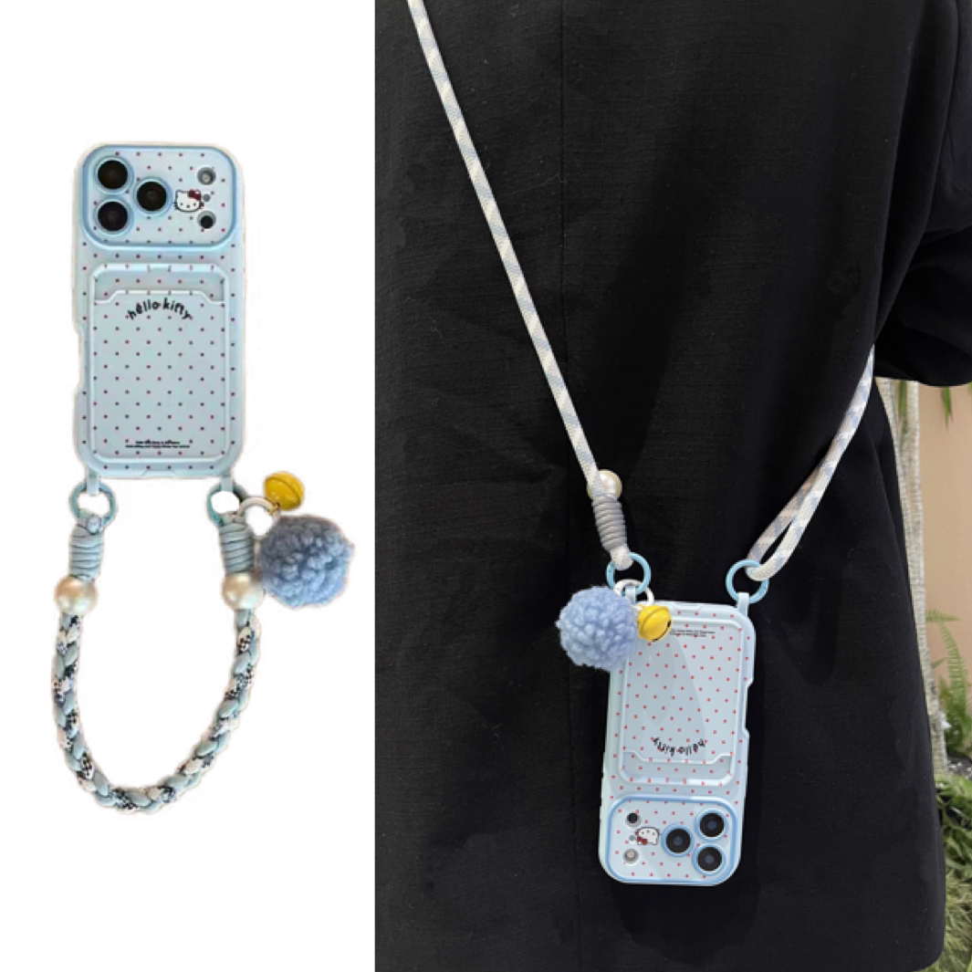 韩系kt猫波点海盐蓝适用苹果17pro/16手机壳新款手腕带iphone15promax斜挎绳背包式14防摔可爱13pro卡包软