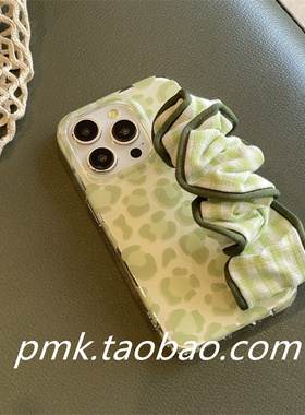 夏季ins清爽绿色格纹大肠发圈弹性腕带手拎适用苹果16promax手机壳韩风iphone13新15pro高级感14ProMax斑马绿