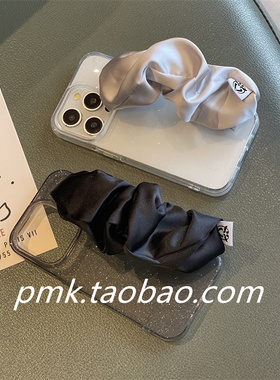 轻奢灰色银色闪粉褶皱丝巾腕带适用于苹果16promax手机壳iphone15pro纯色14p潮流13/12pro防摔11手提手拎弹力