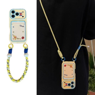 ins韩系条纹哭娃苹果蓝黄爱心卡包适用苹果17p珍珠手腕带手机壳iphone15新款16promax卡通14pm少女带斜挎绳