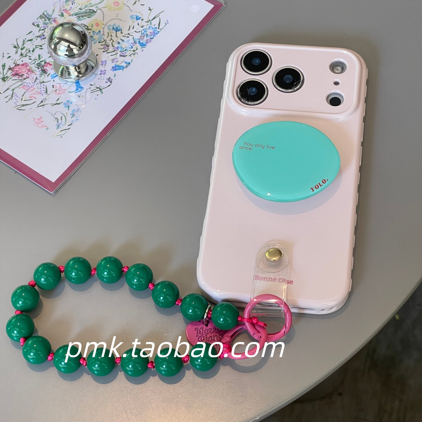 韩系ins风少女淡粉色英文支架适用苹果17promax手机壳串珠手链iphone16pro新款15女款14简约纯色小众13软壳