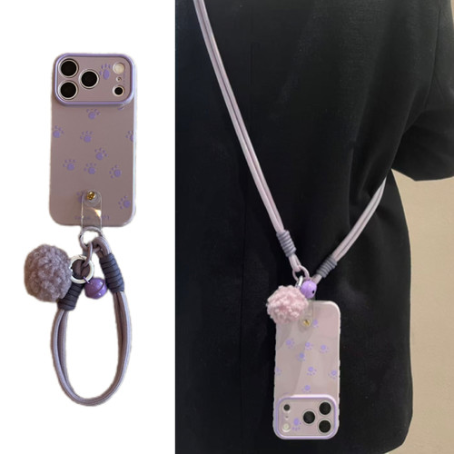 ins高级灰紫猫爪手提绳腕带铃铛毛球适用于苹果18promax17手机壳iPhone16pro挂件15pm防摔14pro斜挎绳背包