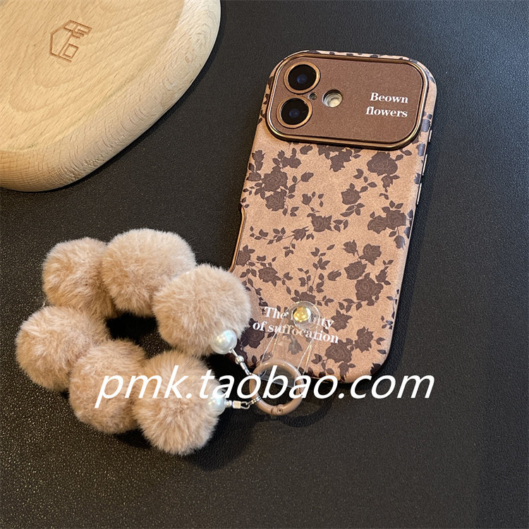 复古大视窗美拉德沙漠金玫瑰适用苹果16手机壳15promax小众14pro支架13皮纹女iPhone12pm毛球手链11软保护套