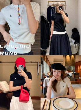 CHIUCHIUWONG 小马刺绣~软糯质感 圆领针织黑色/白色上衣短袖女