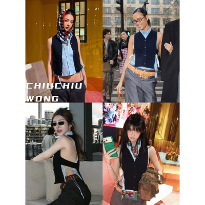 CHIUCHIUWONG 王丑丑 王柳雯博主同款 叠穿针织无袖背心衬衫套装