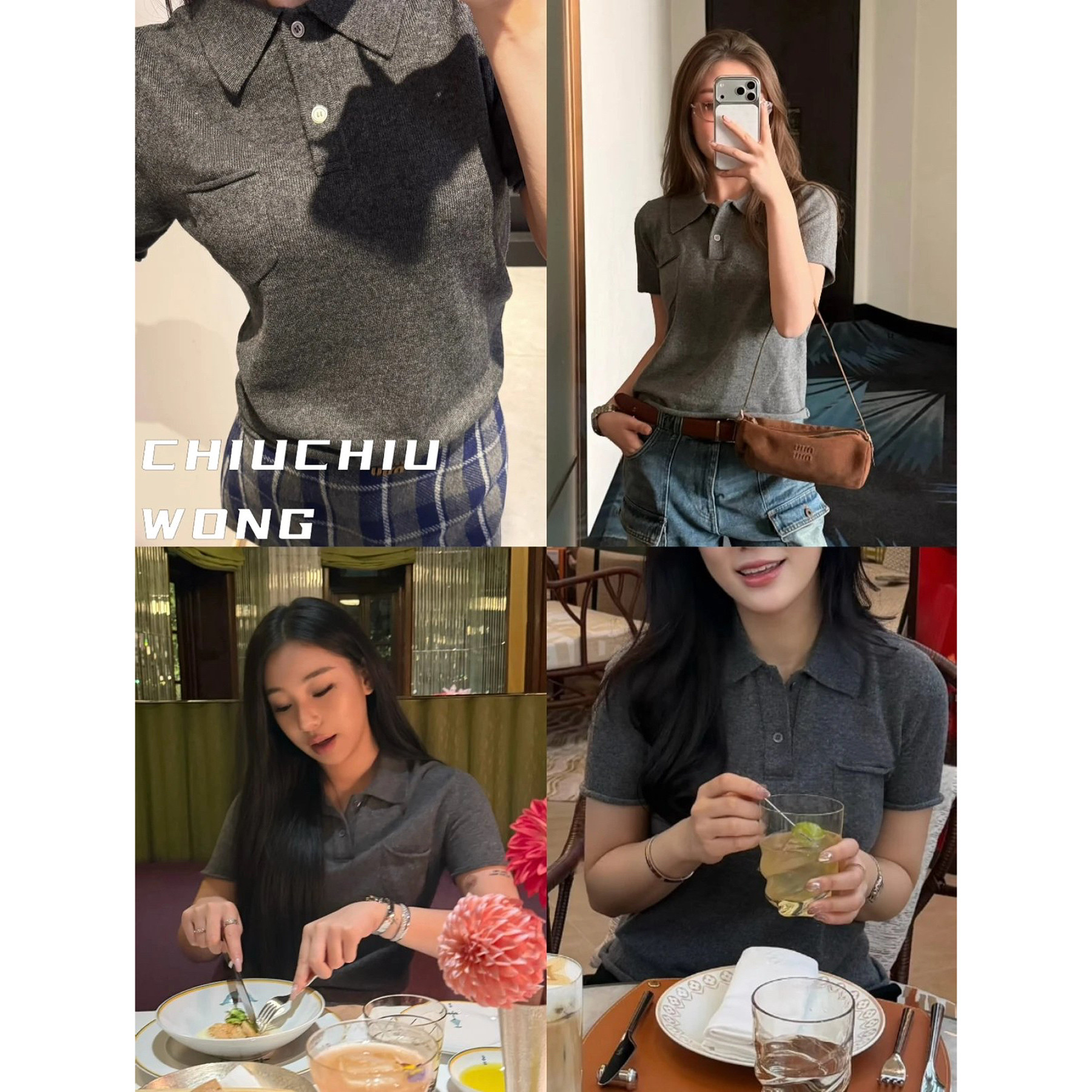 CHIUCHIUWONG 高智感翻领polo~ 灰色复古卷边针织短袖上衣女