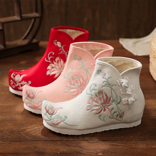 Зимнее ханьфу, флисовые ботинки, свадебные туфли для невесты, высокая обувь, красные короткие сапоги, китайский стиль