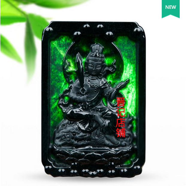 翡翠色墨翠文殊菩萨吊坠守护神十二生肖属兔本命佛项链挂件玉坠