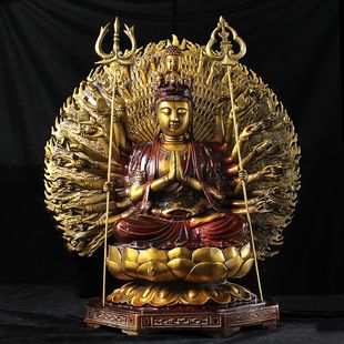 千手观音大号摆件彩铜千眼观世音菩萨彩绘铜佛家用店铺斋堂佛