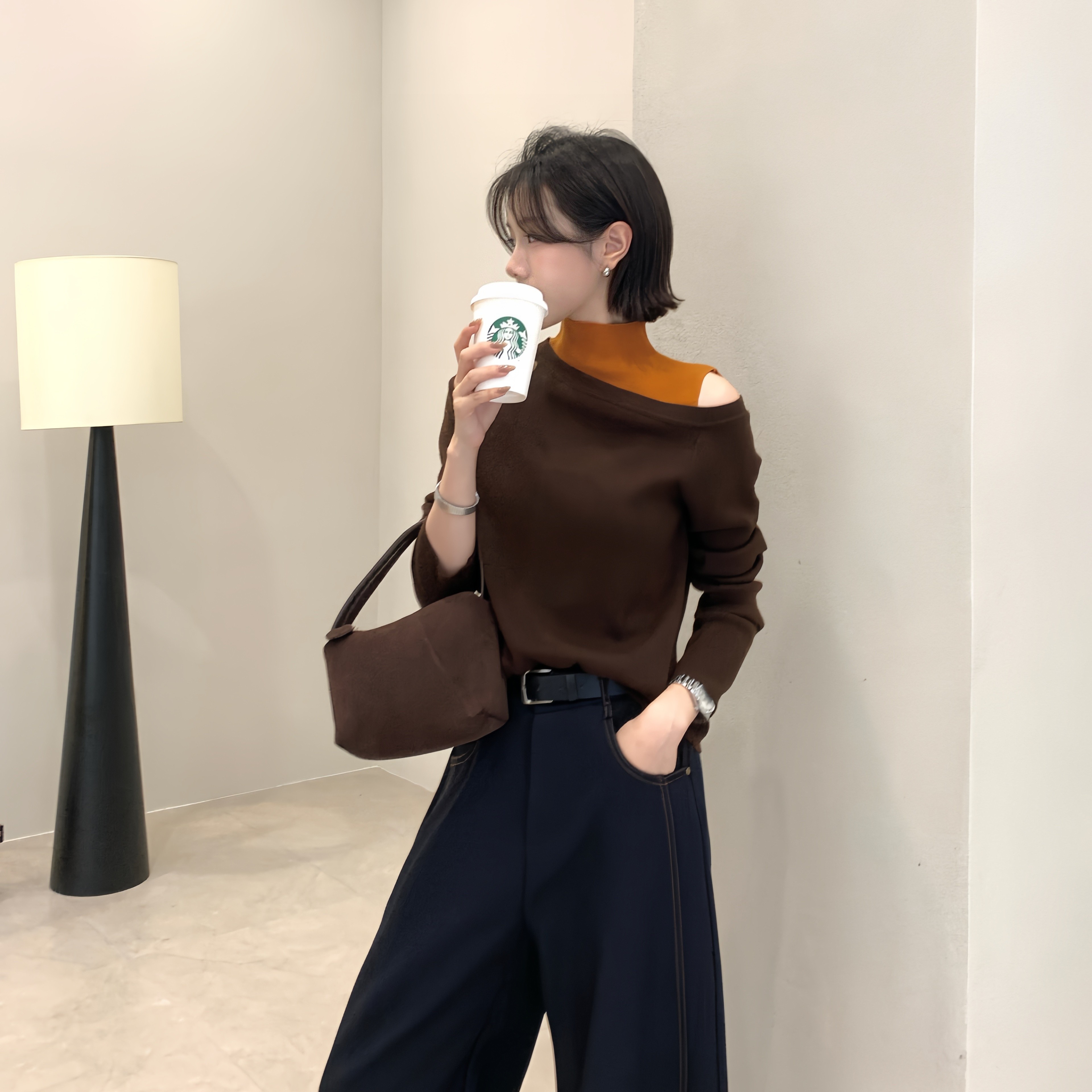 拼色假两件套头针织衫女