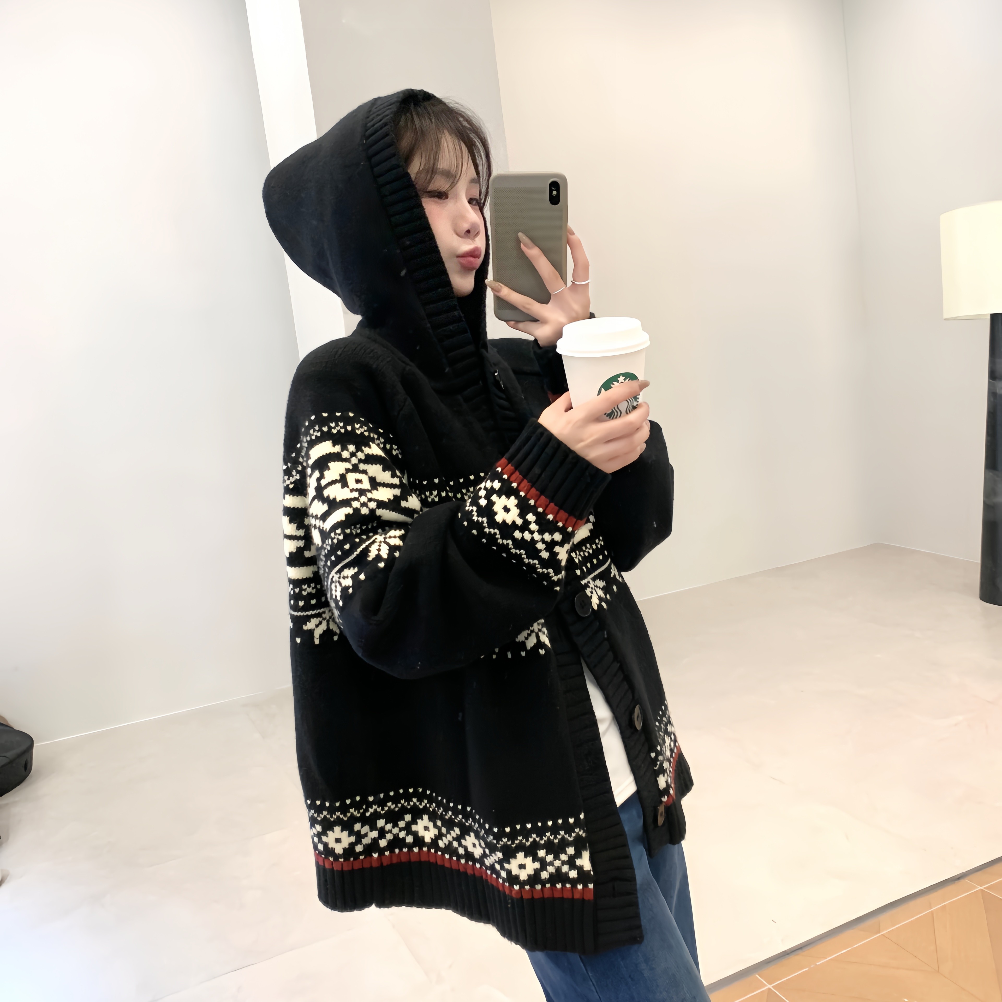 连帽针织开衫女撞色毛衣外套