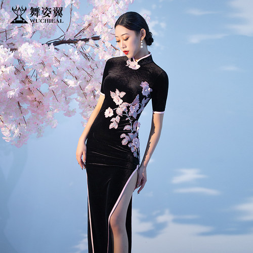 舞姿翼新款旗袍导师丝绒形体服