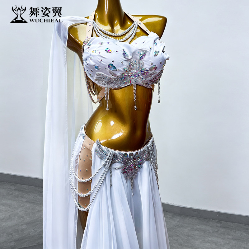 舞姿翼表演长裙修身东方舞肚皮舞服装文胸式亮片表演服水钻装饰