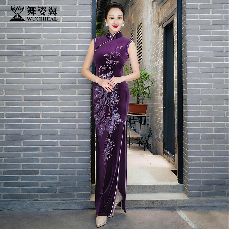 舞姿翼新中式海派旗袍复古风丝绒无袖宴会紫色透气连衣裙中式图片