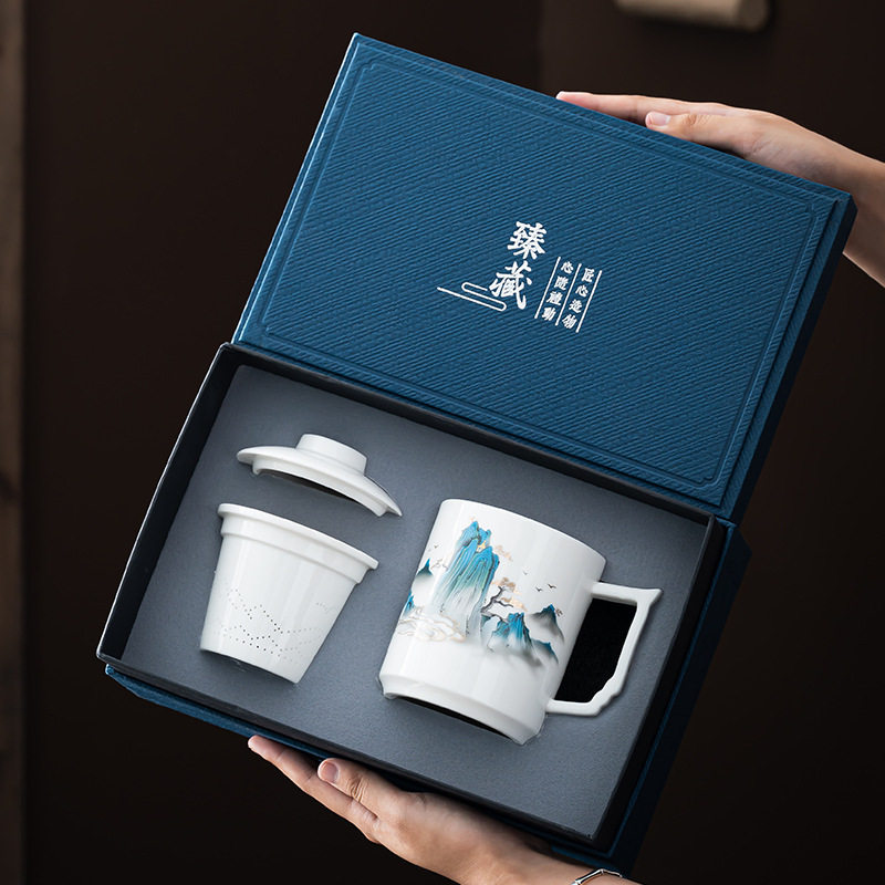 陶瓷办公马克杯茶水分离带盖过滤茶杯商务会议杯礼品定制logo文创