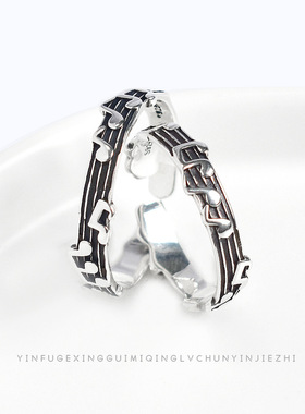 纯银复古音符冷淡风饰品开口戒指