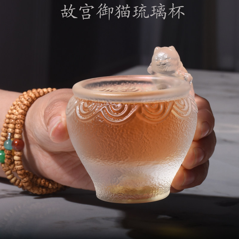 故宫御猫琉璃杯高端喝茶茶杯浮雕鱼琉璃茶杯主人杯可爱茶盏单杯