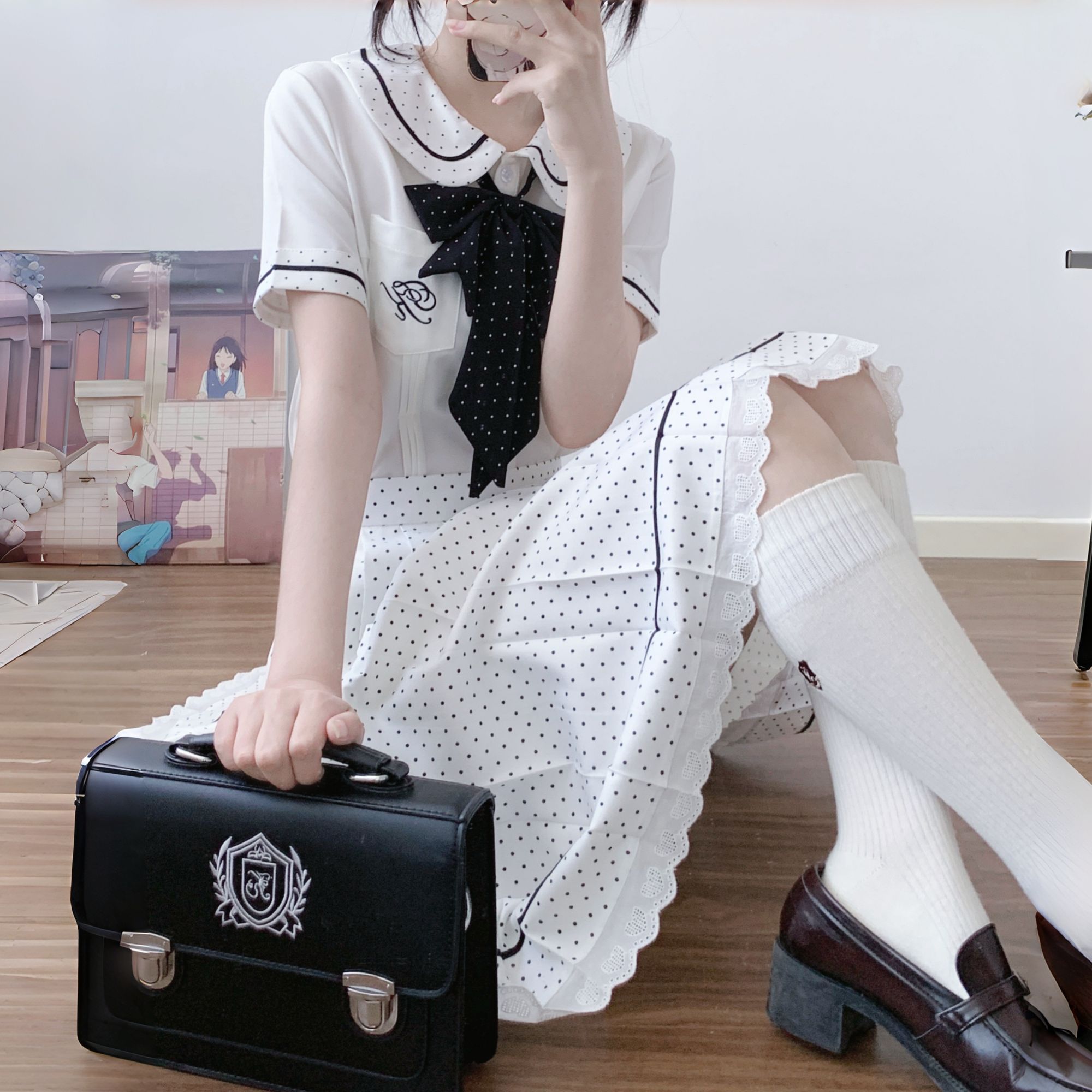 酥柒原创jk学院套装夏日夏服短袖衬衫校园风娃娃领衬衫波点中长款