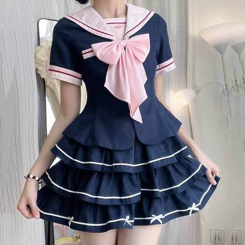 大码女装梨形原创水手服jk显瘦学院风收腰制服短袖百褶裙套装女