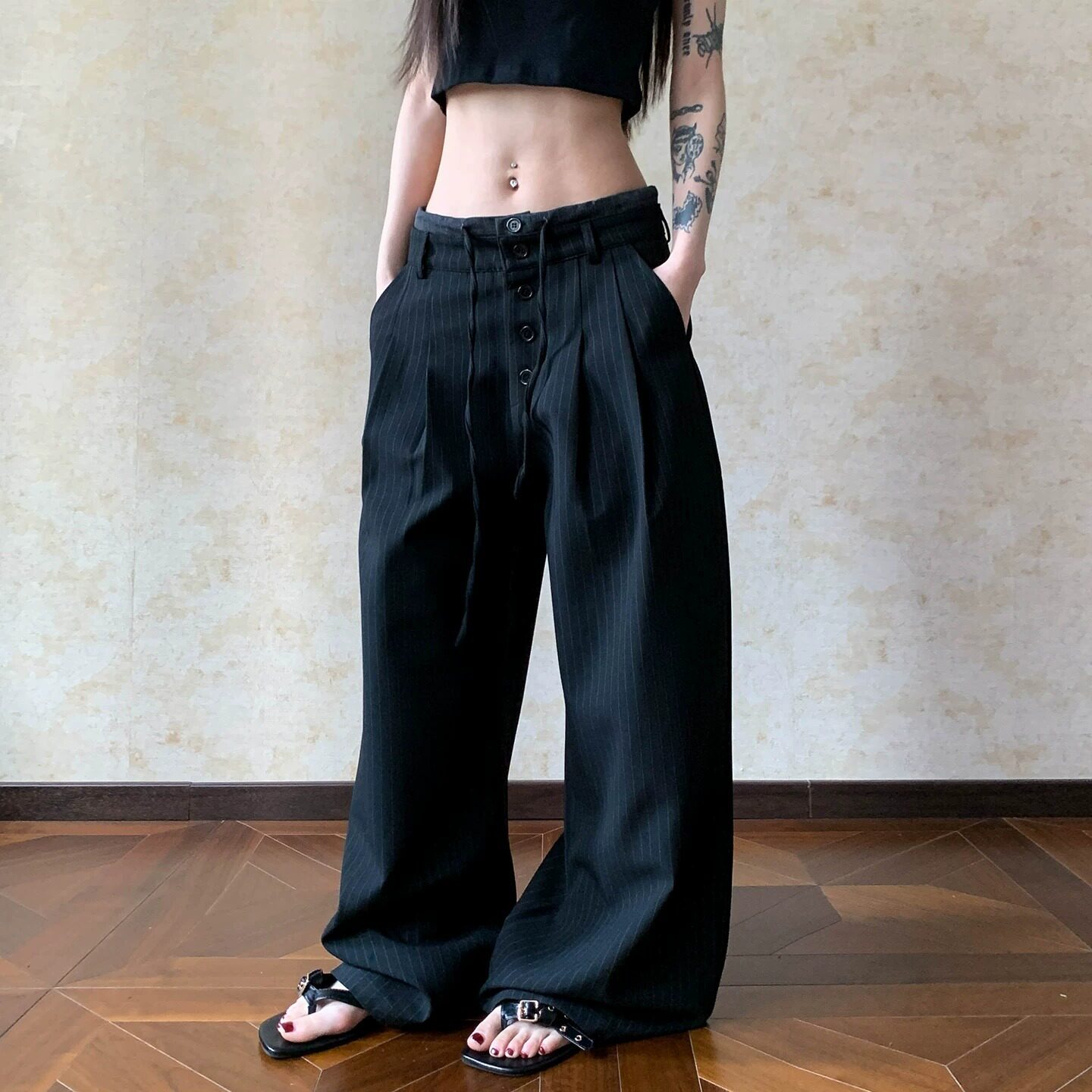 美式复古高级感双腰头条纹休闲西裤男女垂感宽松显瘦抽绳拖地裤子