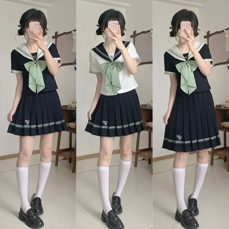 蔓娜影新款夏日铃兰收腰水手服校园风短袖套装日系JK制服甜美遮肉