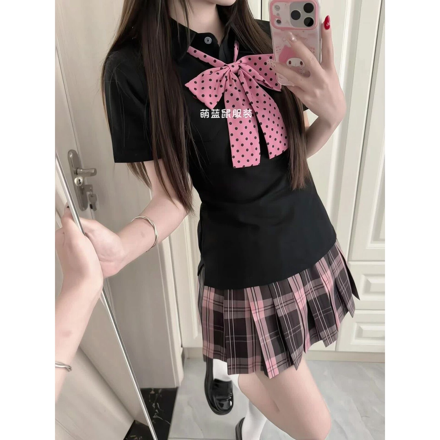 粉雾海jk日系制服夏季学院黑色POLO衫搭百褶裙校供短袖软妹套装女