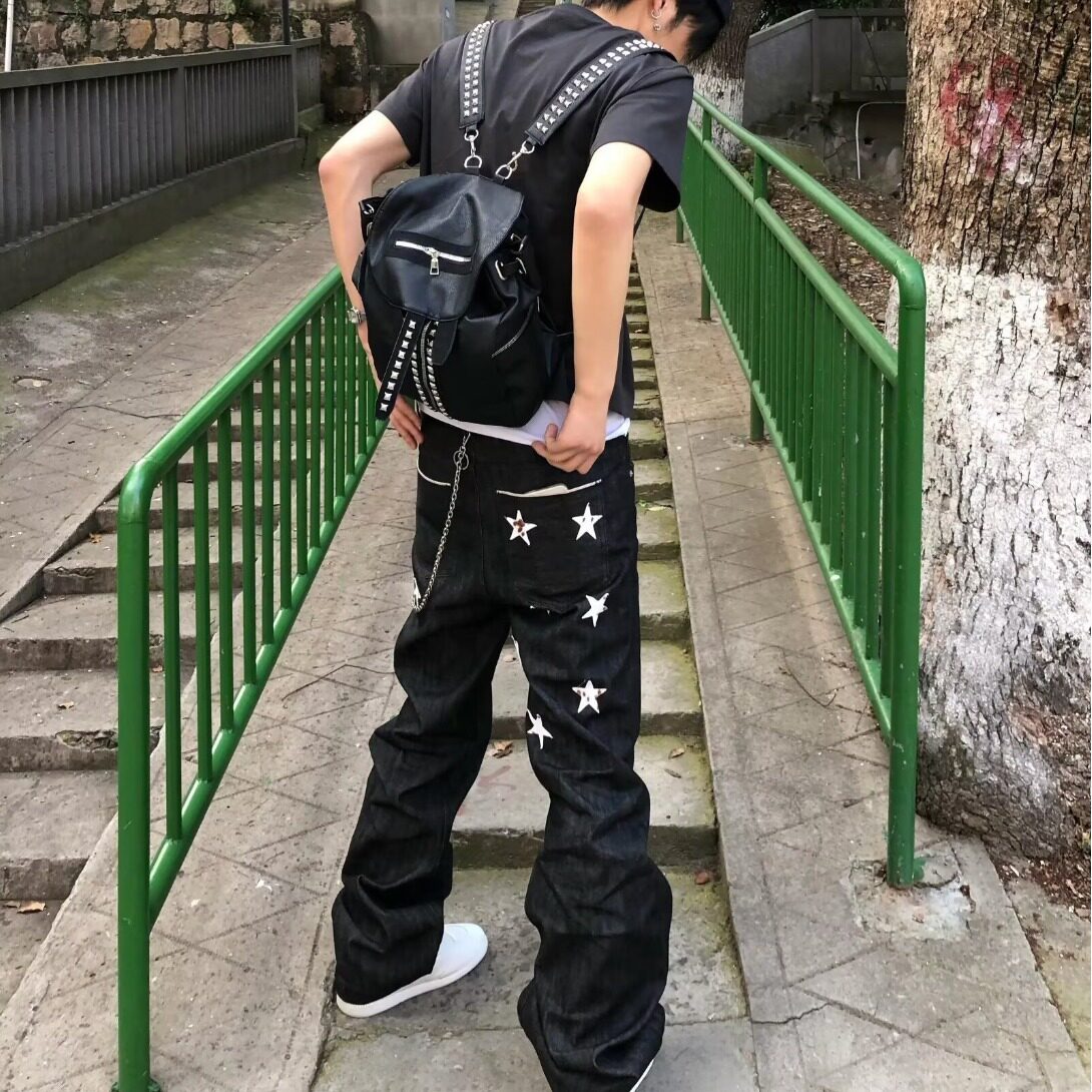 男士个性刺绣牛仔裤男春秋潮牌修身印花乞丐小脚裤潮流长裤子