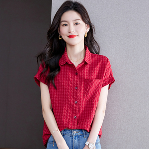 RM12274#棉麻上衣女夏季2022新款宽松大码条纹短袖衬衣韩版亚麻棉衬衫