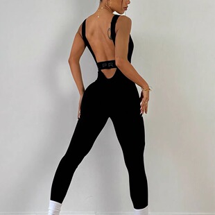瑜伽连体紧身衣一体式高弹健身连体服长裤无袖露背无缝跑步普拉提