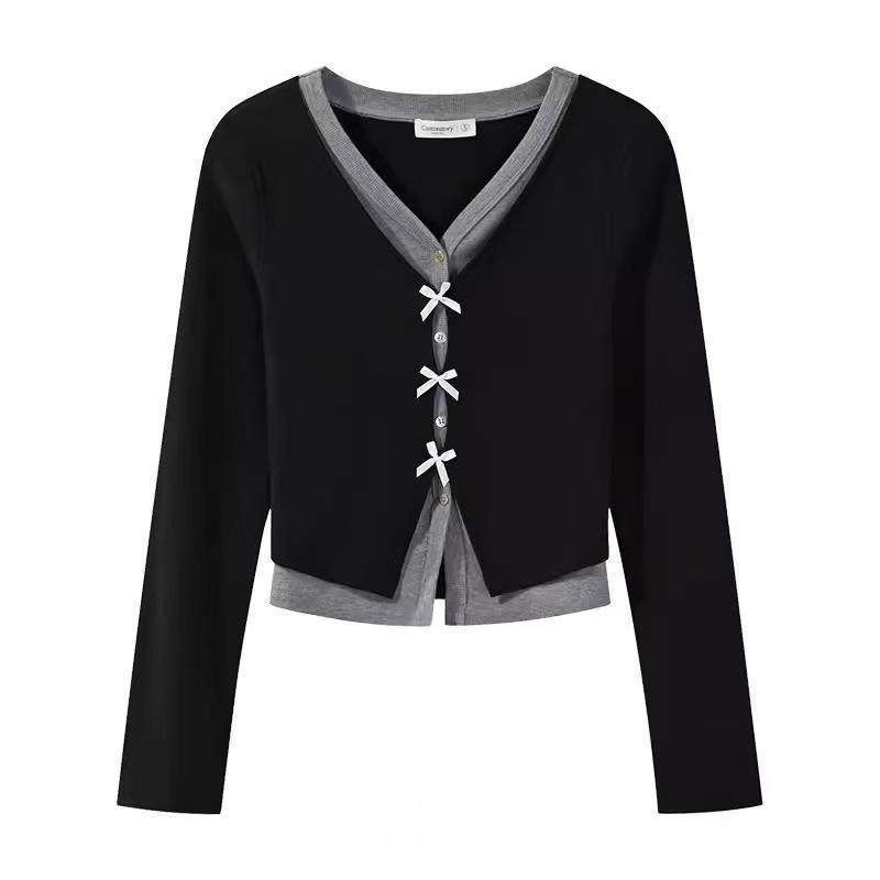 羊城故事 假两件撞色V领长袖开衫女早秋修身显瘦休闲百搭短款上衣