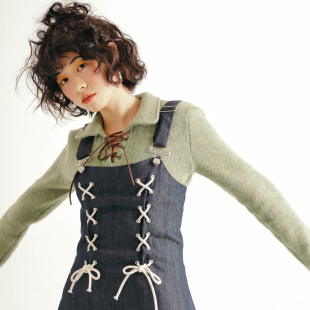 休闲饮料chill drink抽绳系带日系少女牛仔背带裙复古A字连衣裙