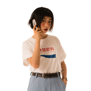 休闲饮料chill logo设计夏圆领百搭情侣七夕 drink宽松白T恤女短袖