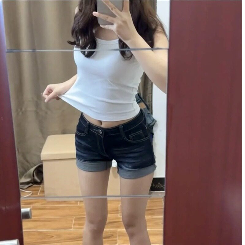 微胖mm辣妹高腰显瘦牛仔超短裤女夏季新款深蓝色设计感卷边热裤子