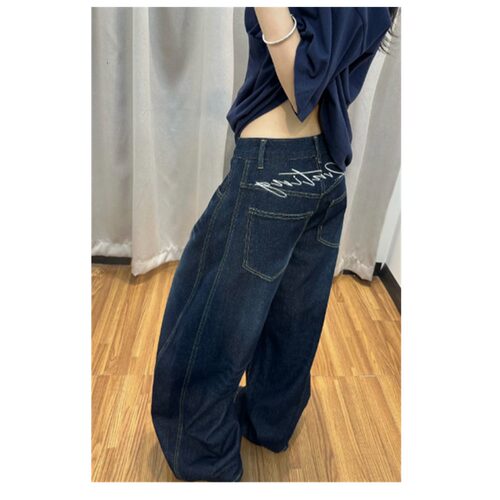 美式复古刺绣弯刀工装牛仔裤女夏季阔腿宽松哈伦梧桐镰刀拖地裤子