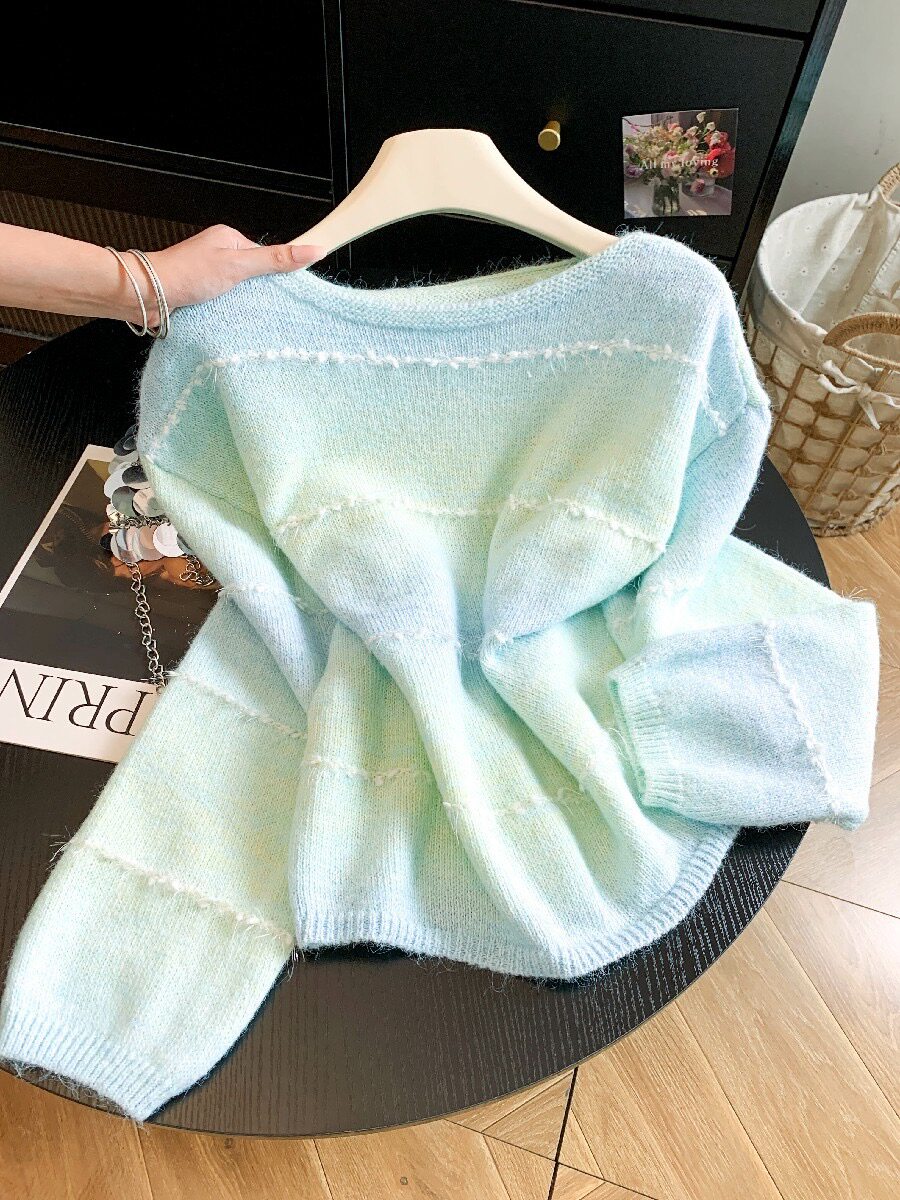 重工渐变色拼接毛毛条纹针织毛衣女秋冬新款宽松休闲长袖套头上衣