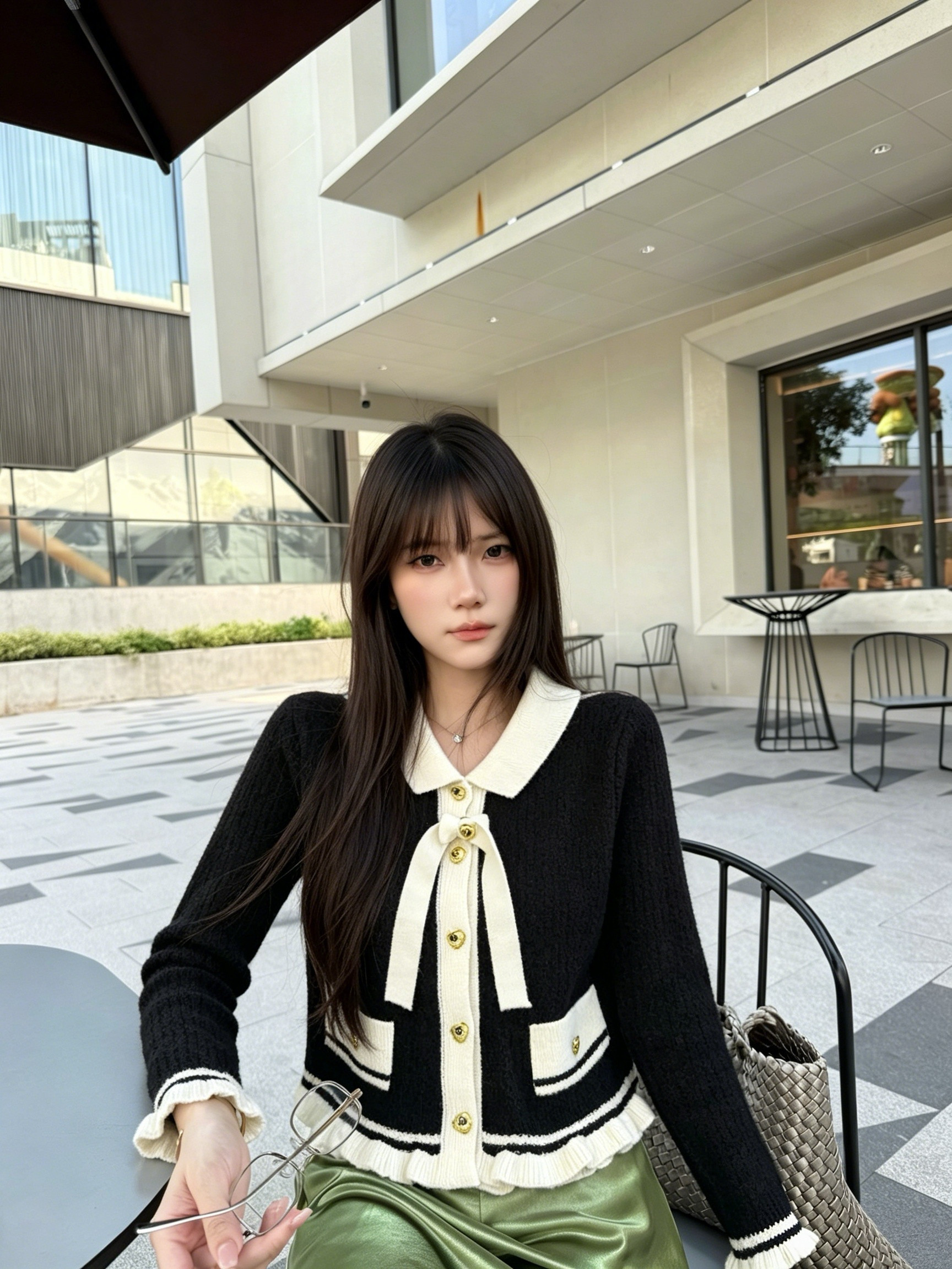 木耳边蝴蝶结针织开衫女秋冬新款短款撞色甜美小香风外套毛衣