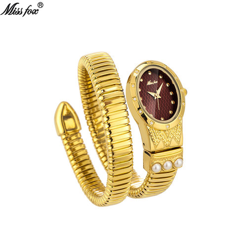 MISSFOX新款蛇形手表 弹力可调节潮流镶钻珍珠防水石英表女士手表