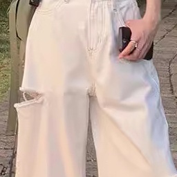 YC&美式复古宽松阔腿裤白色百搭高腰破洞牛仔裤女新款&长裤加长