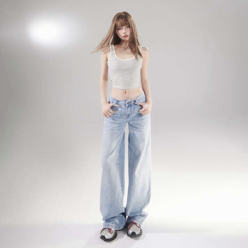 YC&美式复古辣妹低腰宽松直筒裤垂感百搭春夏牛仔裤女&长裤加长