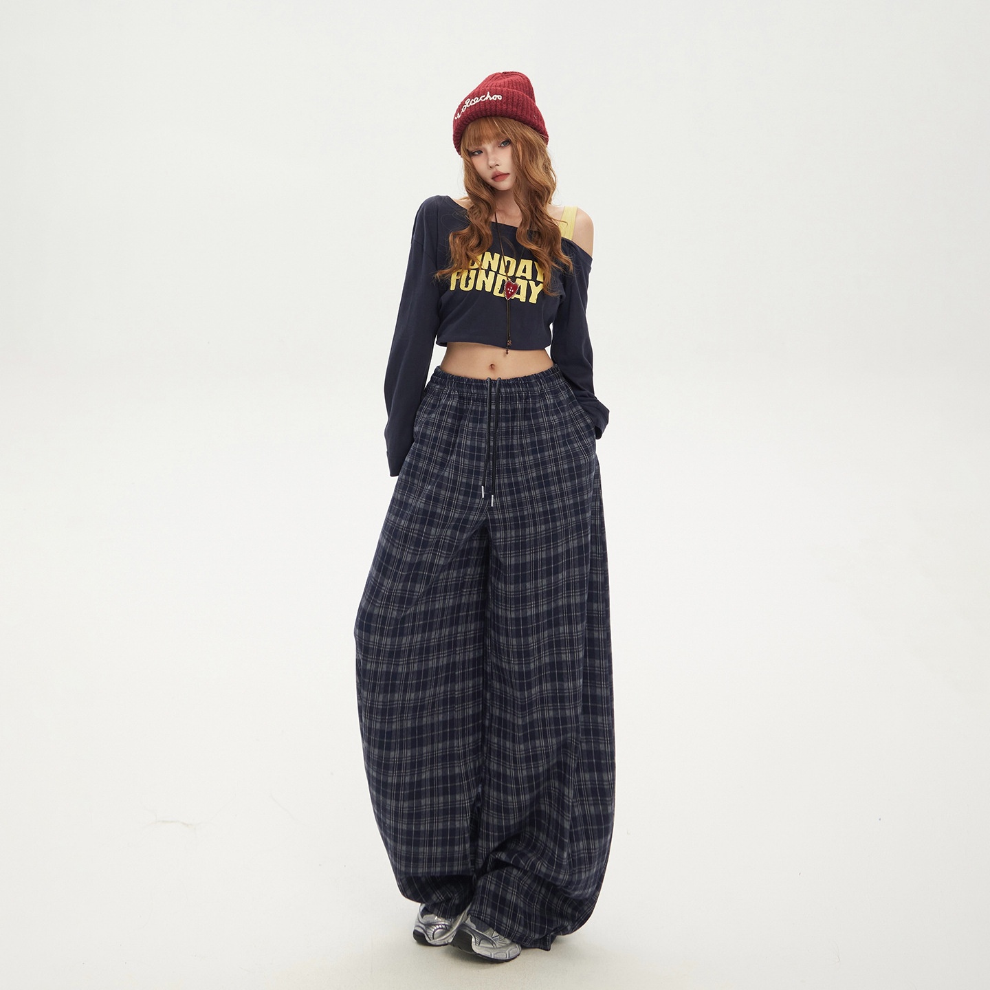 YC&美式复古高腰宽松阔腿裤百搭垂感抽绳秋冬弯刀裤百搭休闲裤女