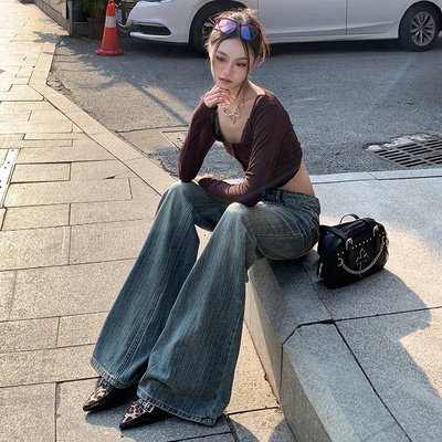 重磅复古蓝竹节纹微喇牛仔裤女不贴腿低腰宽松喇叭裤阔腿裤