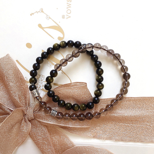黑曜石 茶晶手链金曜石手串猫眼彩眼串珠双圈两圈 天然水晶女正品