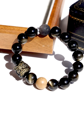 醒狮黑曜石手串金曜石情侣手链