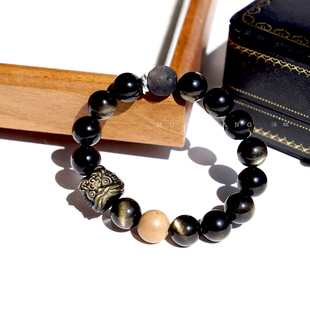 醒狮黑曜石手串金曜石银曜石狮头彩虹眼猫眼陨石男女情侣手链天然