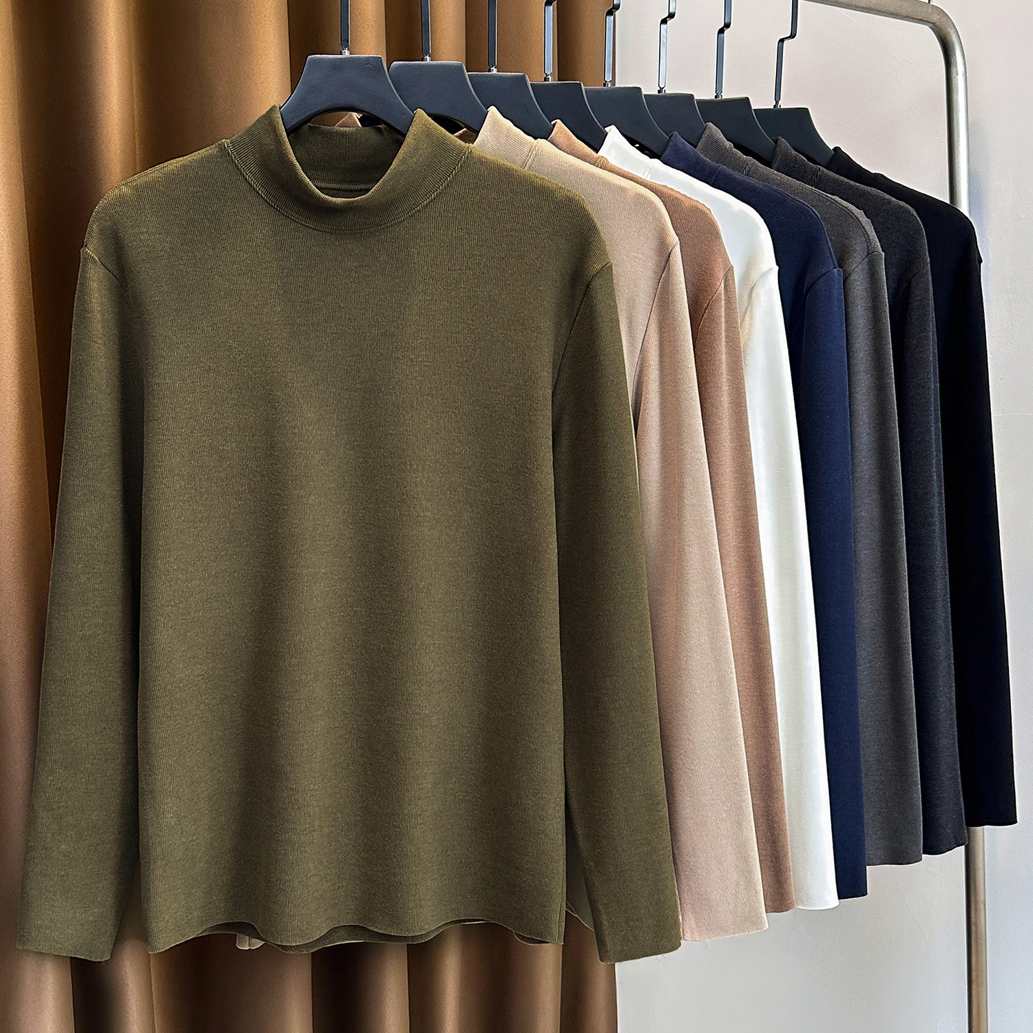 橄榄绿双面真德绒打底衫男半高领发热长袖T恤加厚保暖秋衣内搭A类