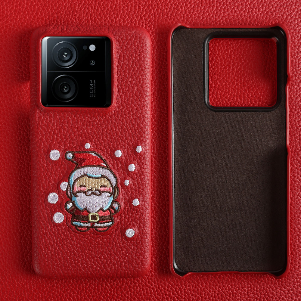 刺绣红色本命年适用小米15Ultra手机壳荔枝纹真皮17ProMax防滑轻奢高级男女14牛皮壳皮质13T圣诞节新款保护套