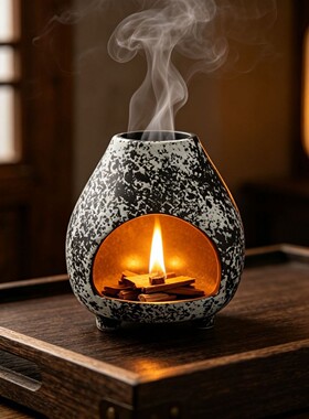 茶室香薰炉 窑变粗陶 黑白斑驳 小众装饰 寺庙老板桌面熏香用品