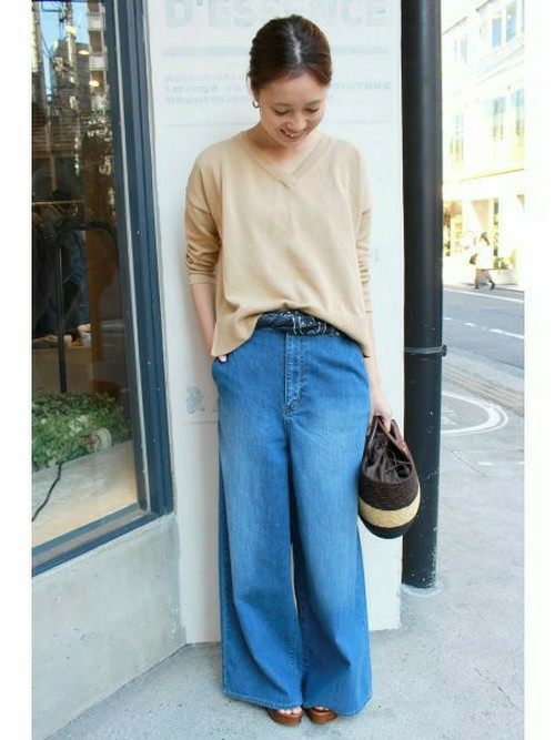 牛仔气质挺括弹性高腰裁剪阔腿裤